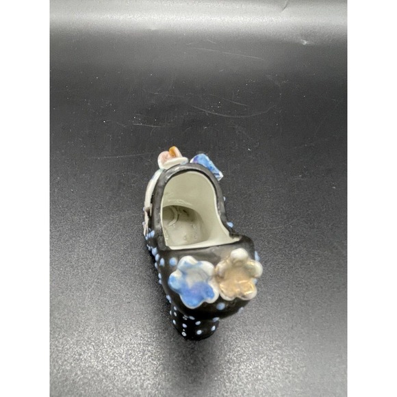 Ceramic High Heel Shoe Figurine Black & White Polka Dots & Flowers Japan Vintage - Picture 6 of 11